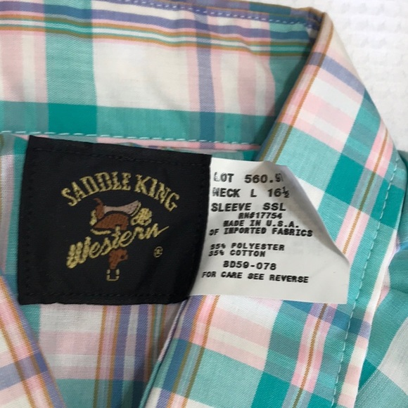 Vintage short sleeve Saddle King Western pearl button large. 16 1/2 regular - Picture 7 of 9